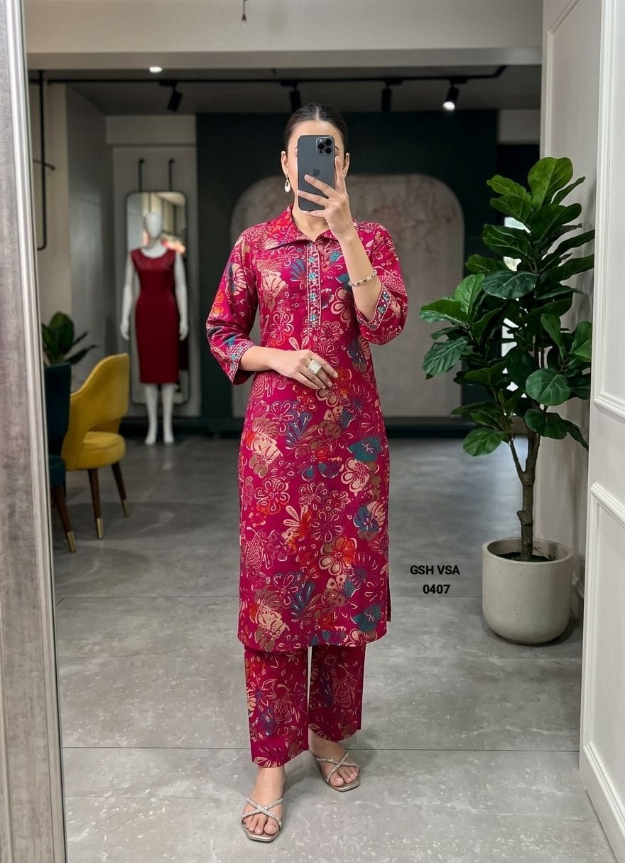 Rani Pink Floral Printed Cotton Elegant Kurta Set